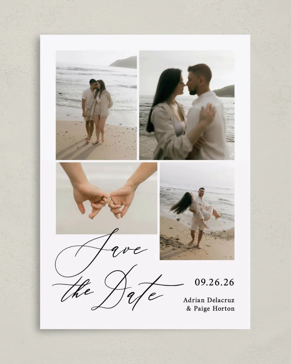 This is a 5" x 7" Save the Date Card called True Promise printed in full color with Gold foil on Premium Smooth paper