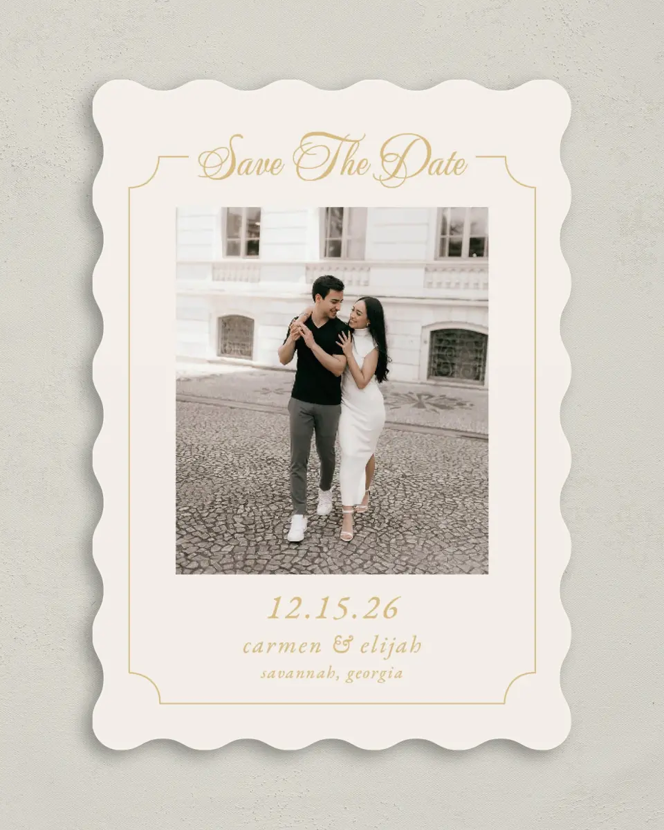 This is a 5" x 7" Save the Date Card called Lovely Frame printed in full color with Gold foil on Premium Smooth paper