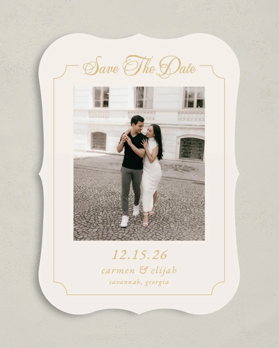This is a 5" x 7" Save the Date Card called Lovely Frame printed in full color with Gold foil on Premium Smooth paper