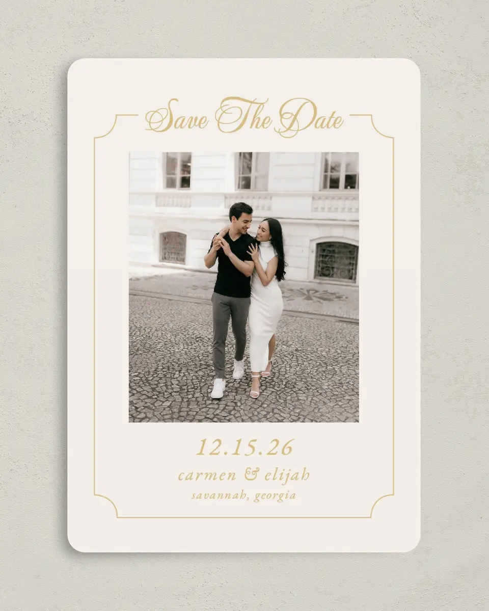 This is a 5" x 7" Save the Date Card called Lovely Frame printed in full color with Gold foil on Premium Smooth paper