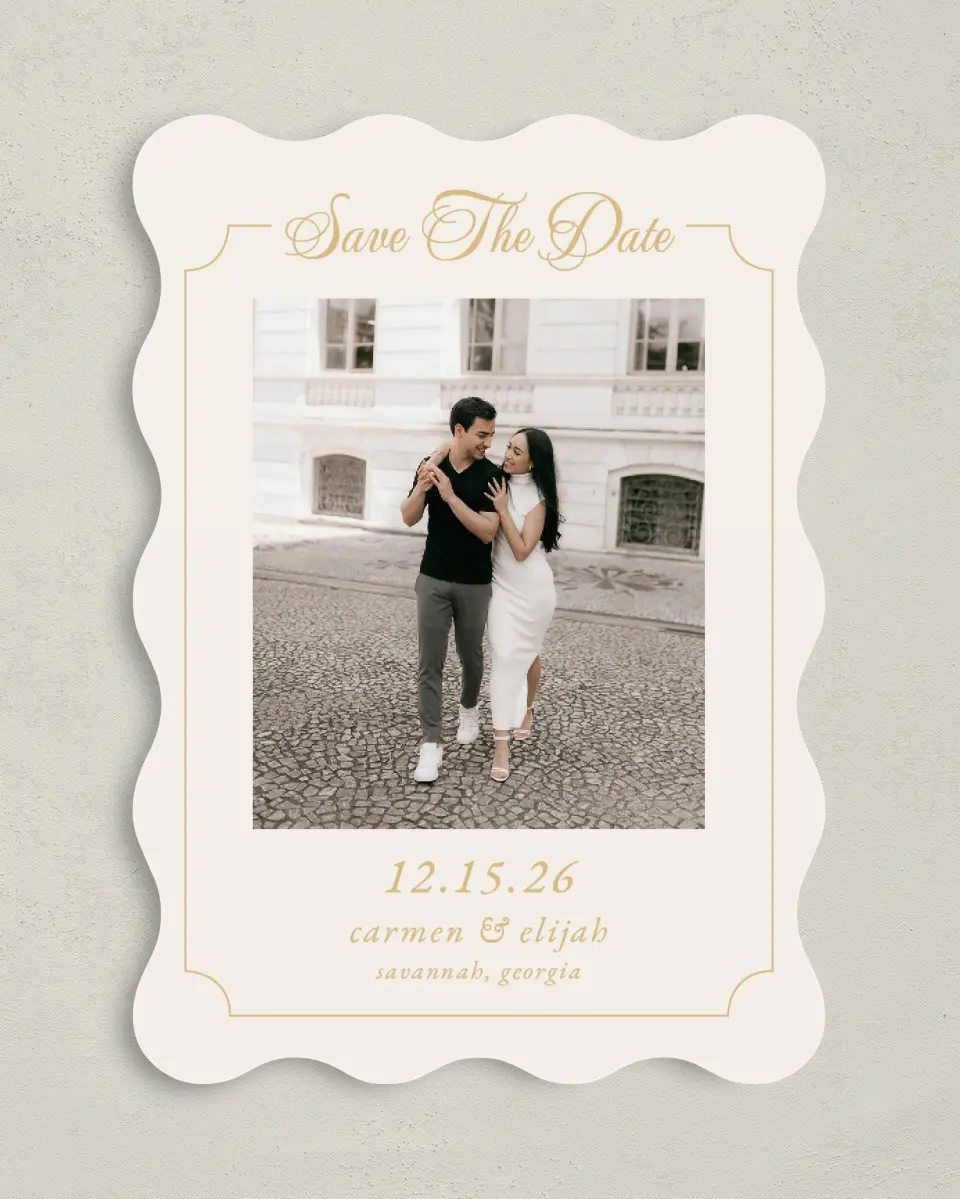 This is a 5" x 7" Save the Date Card called Lovely Frame printed in full color with Gold foil on Premium Smooth paper