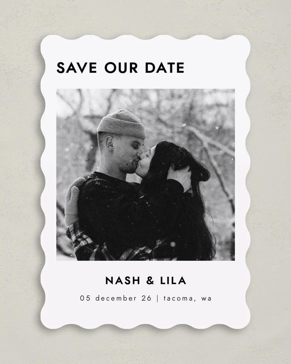 This is a 5" x 7" Save the Date Card called Snowy Kisses printed in full color with Gold foil on Premium Smooth paper