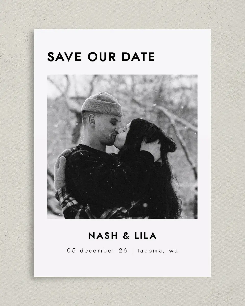 This is a 5" x 7" Save the Date Card called Snowy Kisses printed in full color with Gold foil on Premium Smooth paper