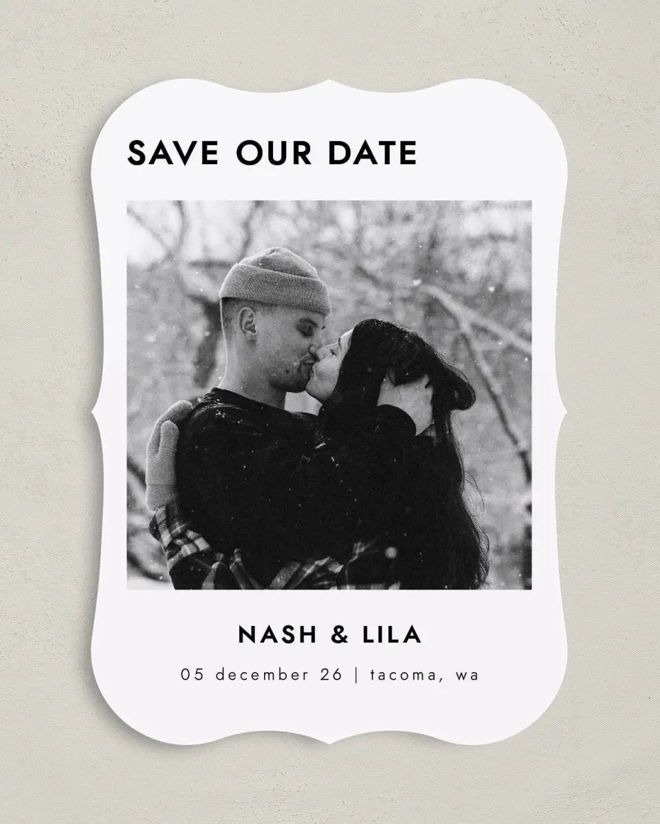 This is a 5" x 7" Save the Date Card called Snowy Kisses printed in full color with Gold foil on Premium Smooth paper