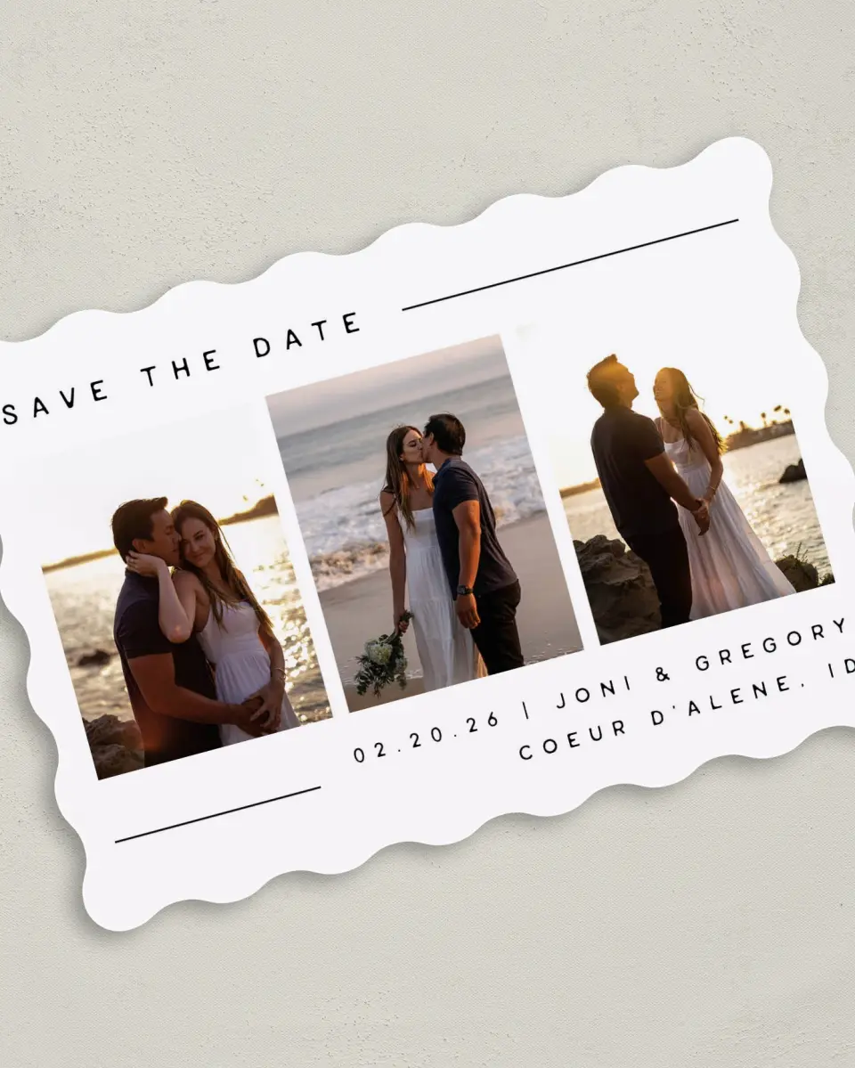 This is a 5" x 7" Save the Date Card called Mine Forever printed in full color with Gold foil on Premium Smooth paper