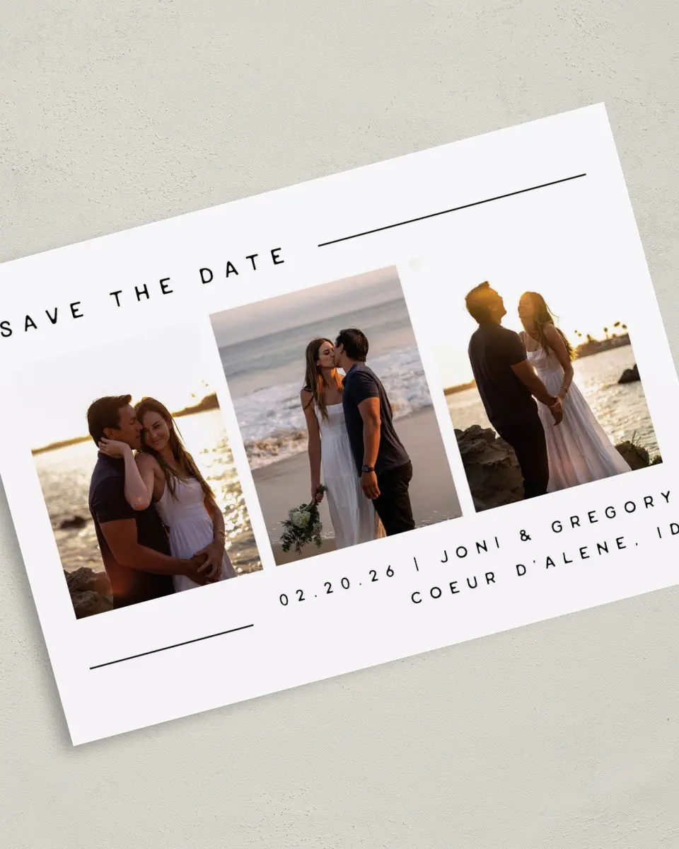 This is a 5" x 7" Save the Date Card called Mine Forever printed in full color with Gold foil on Premium Smooth paper
