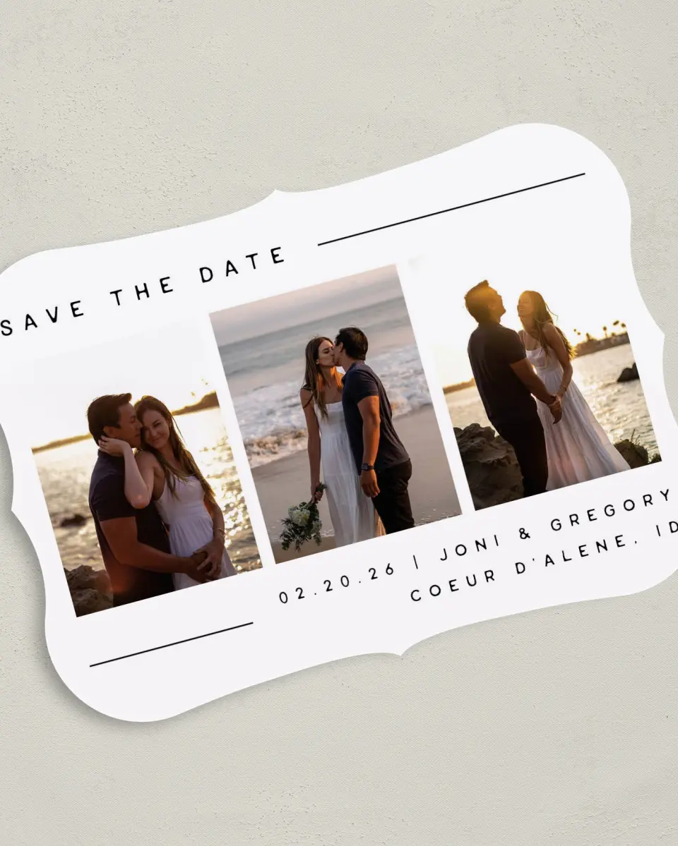 This is a 5" x 7" Save the Date Card called Mine Forever printed in full color with Gold foil on Premium Smooth paper