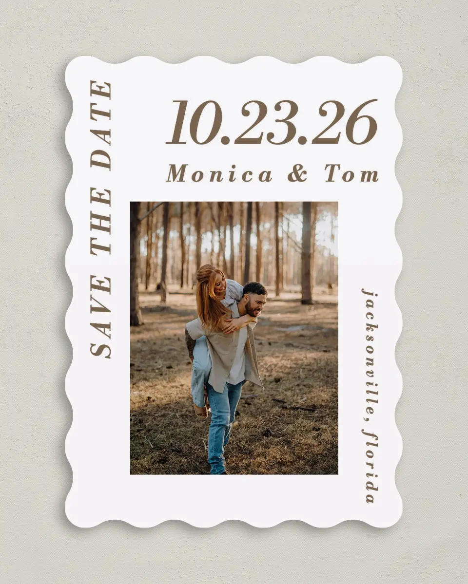 This is a 5" x 7" Save the Date Card called All I Need printed in full color with Gold foil on Premium Smooth paper