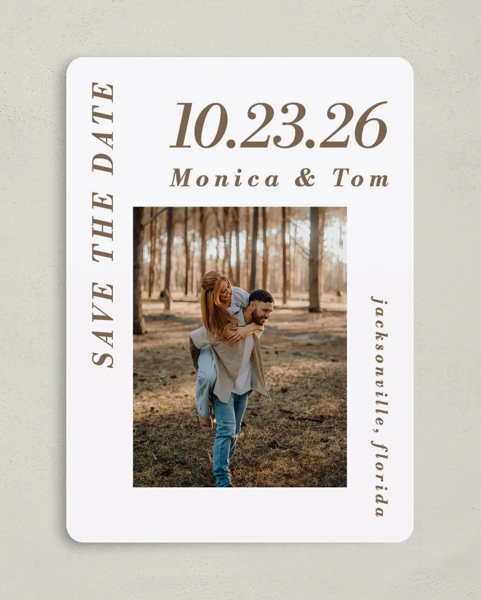 This is a 5" x 7" Save the Date Card called All I Need printed in full color with Gold foil on Premium Smooth paper
