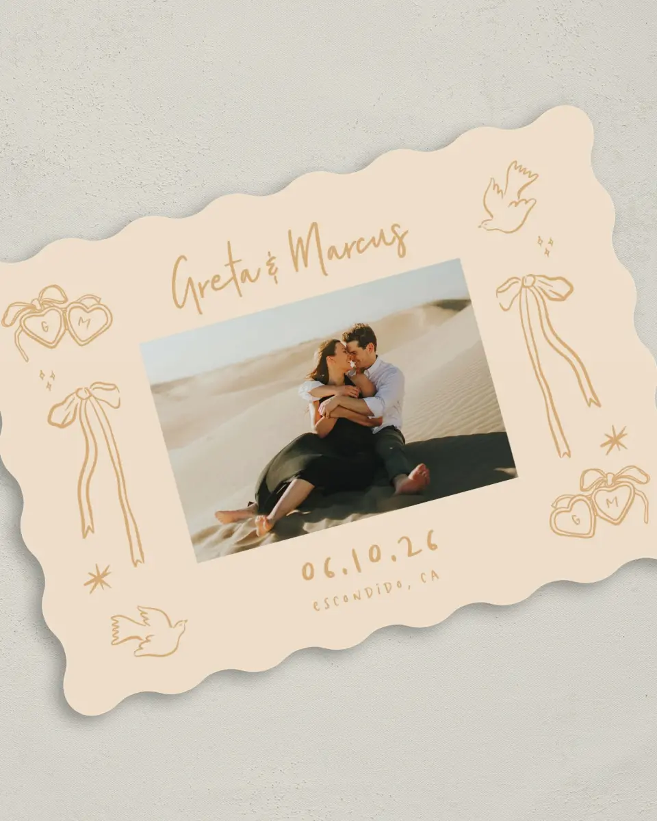 This is a 5" x 7" Save the Date Card called Loving Whimsy printed in full color with Gold foil on Premium Smooth paper
