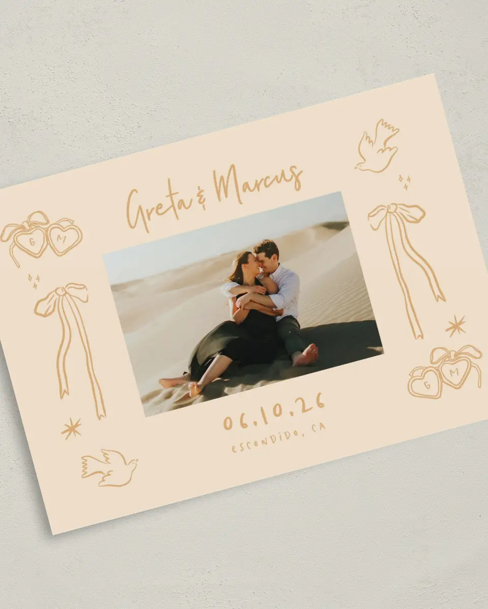 This is a 5" x 7" Save the Date Card called Loving Whimsy printed in full color with Gold foil on Premium Smooth paper