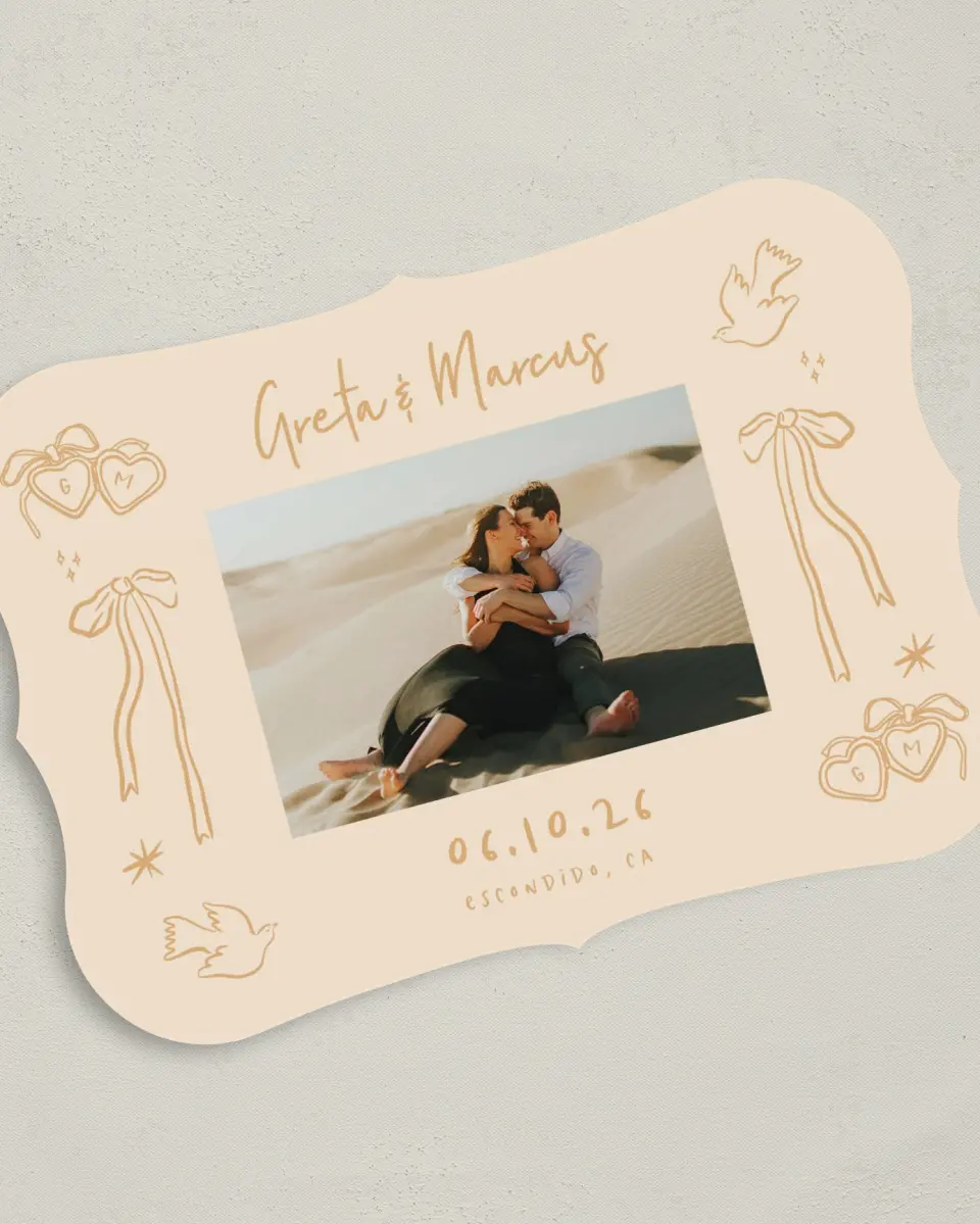 This is a 5" x 7" Save the Date Card called Loving Whimsy printed in full color with Gold foil on Premium Smooth paper