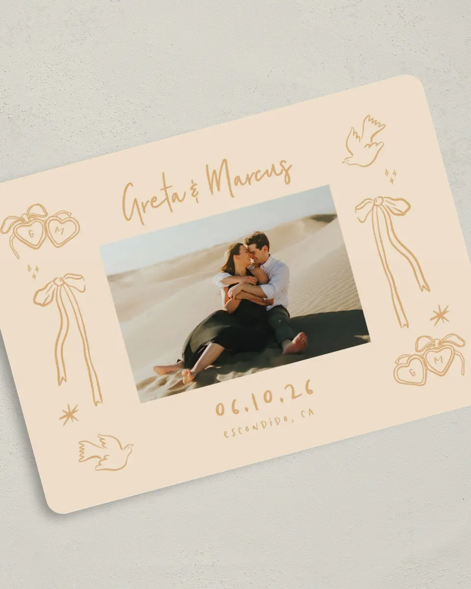 This is a 5" x 7" Save the Date Card called Loving Whimsy printed in full color with Gold foil on Premium Smooth paper