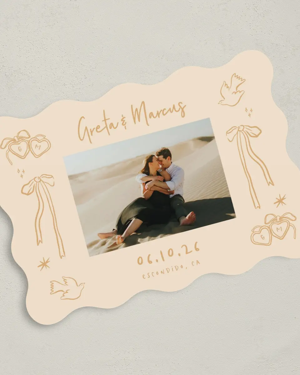 This is a 5" x 7" Save the Date Card called Loving Whimsy printed in full color with Silver foil on Luxe Satin (coated) paper