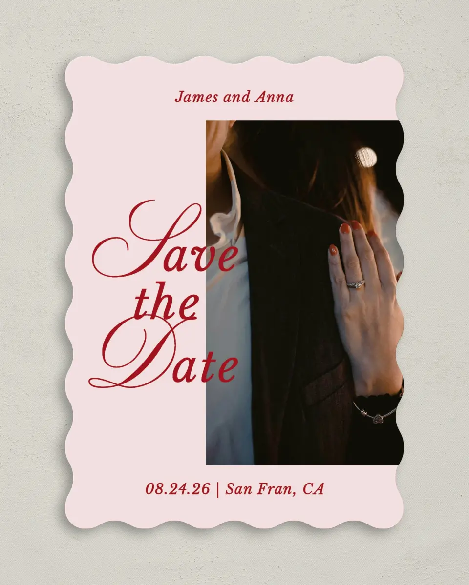 This is a 5" x 7" Save the Date Card called Purely Yours printed in full color with Gold foil on Premium Smooth paper