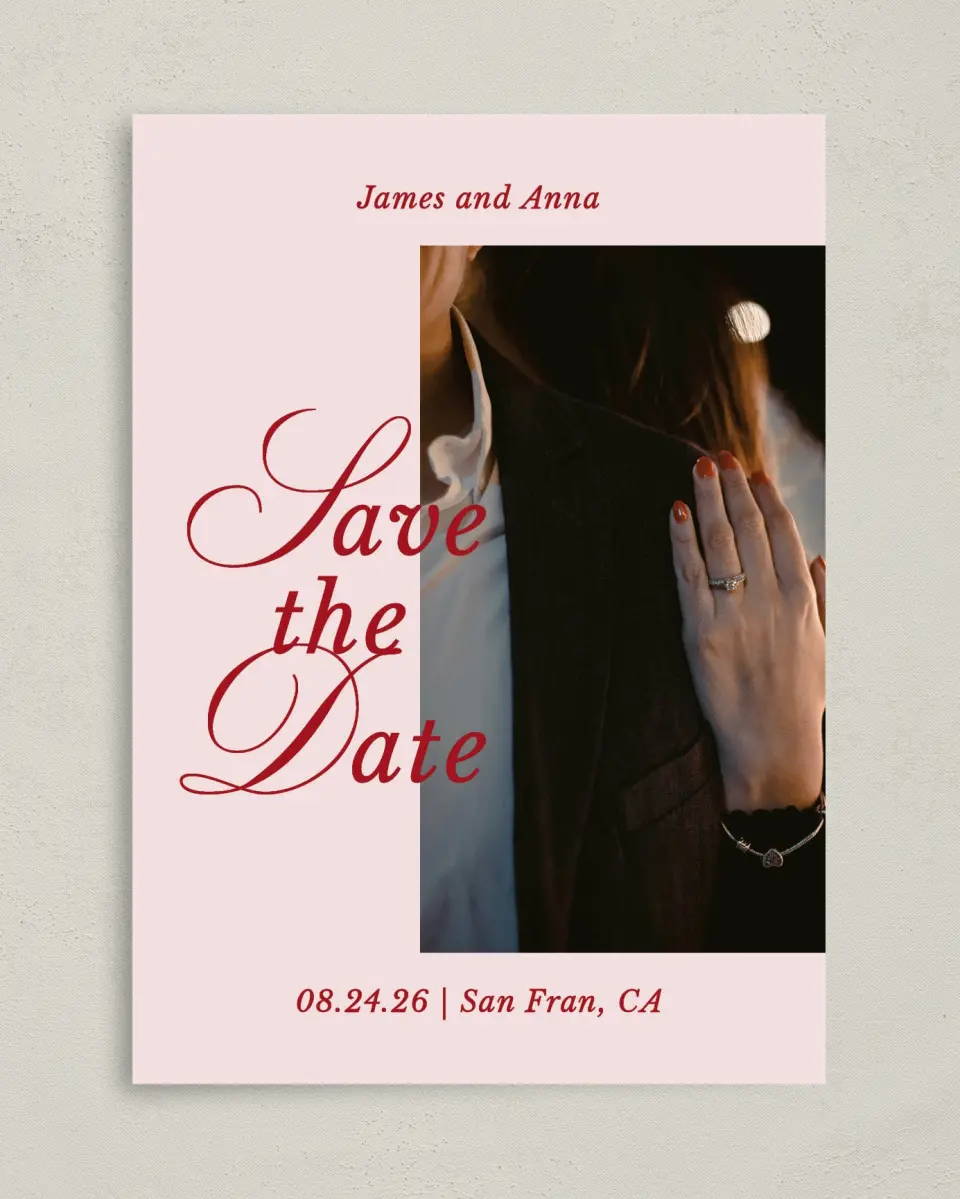 This is a 5" x 7" Save the Date Card called Purely Yours printed in full color with Gold foil on Premium Smooth paper