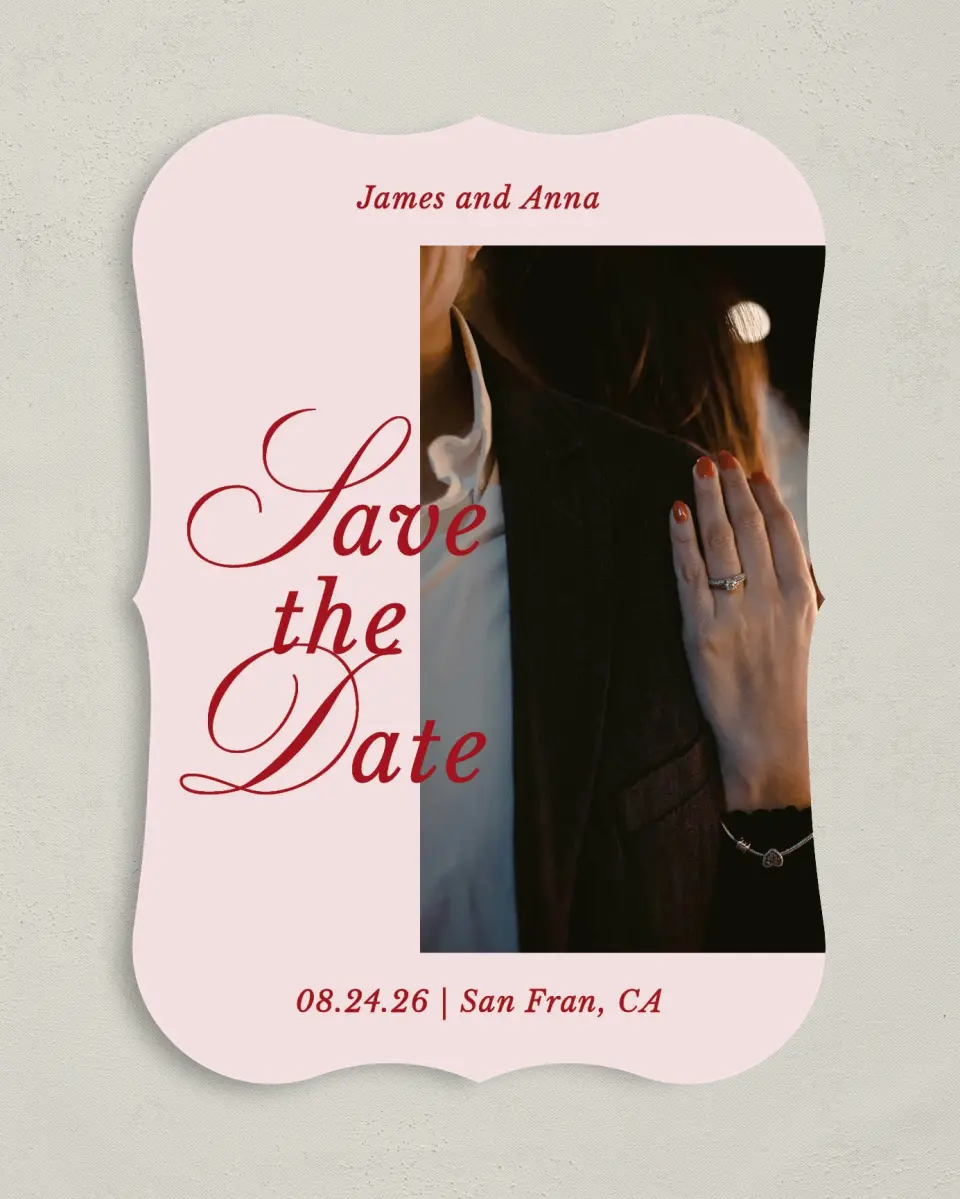 This is a 5" x 7" Save the Date Card called Purely Yours printed in full color with Gold foil on Premium Smooth paper