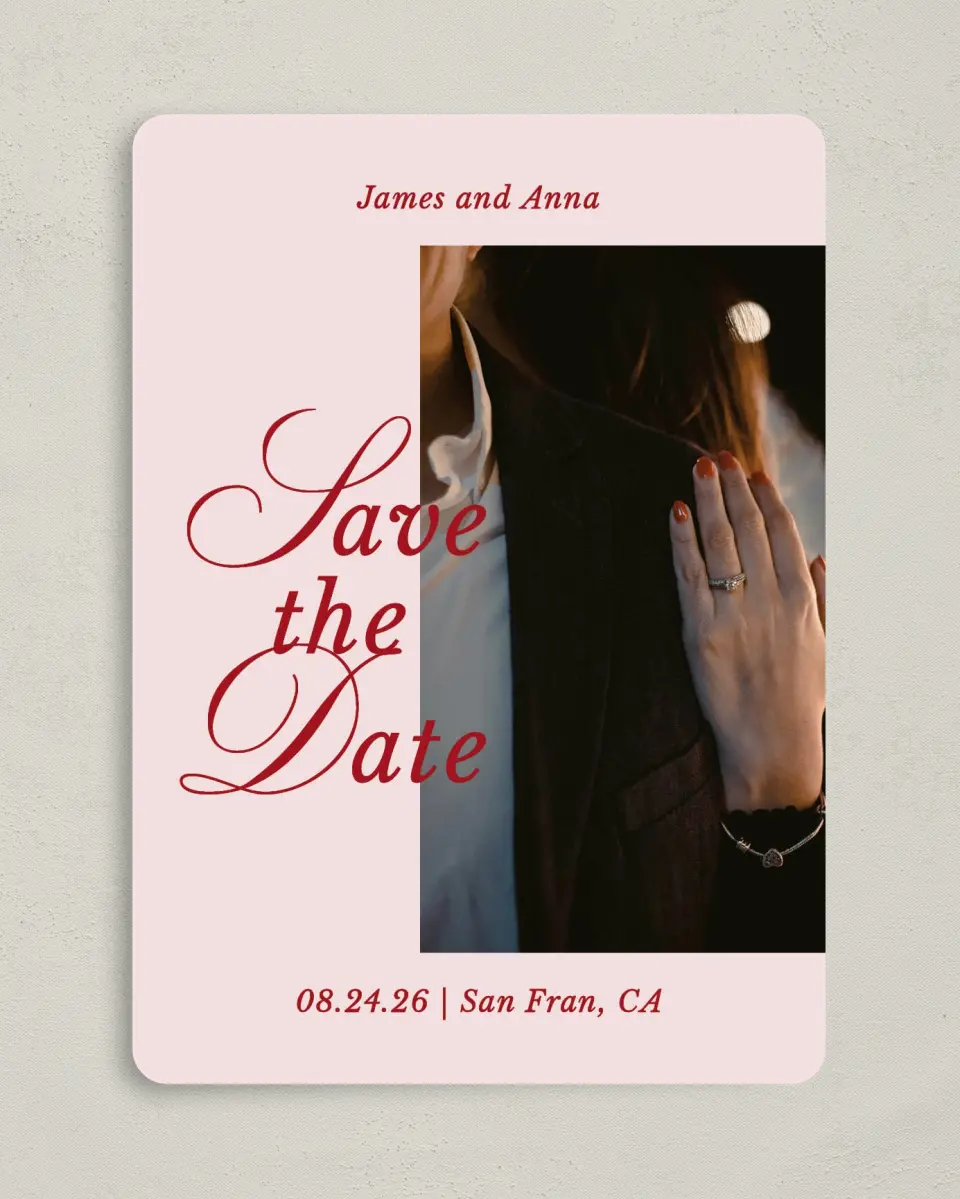 This is a 5" x 7" Save the Date Card called Purely Yours printed in full color with Gold foil on Premium Smooth paper