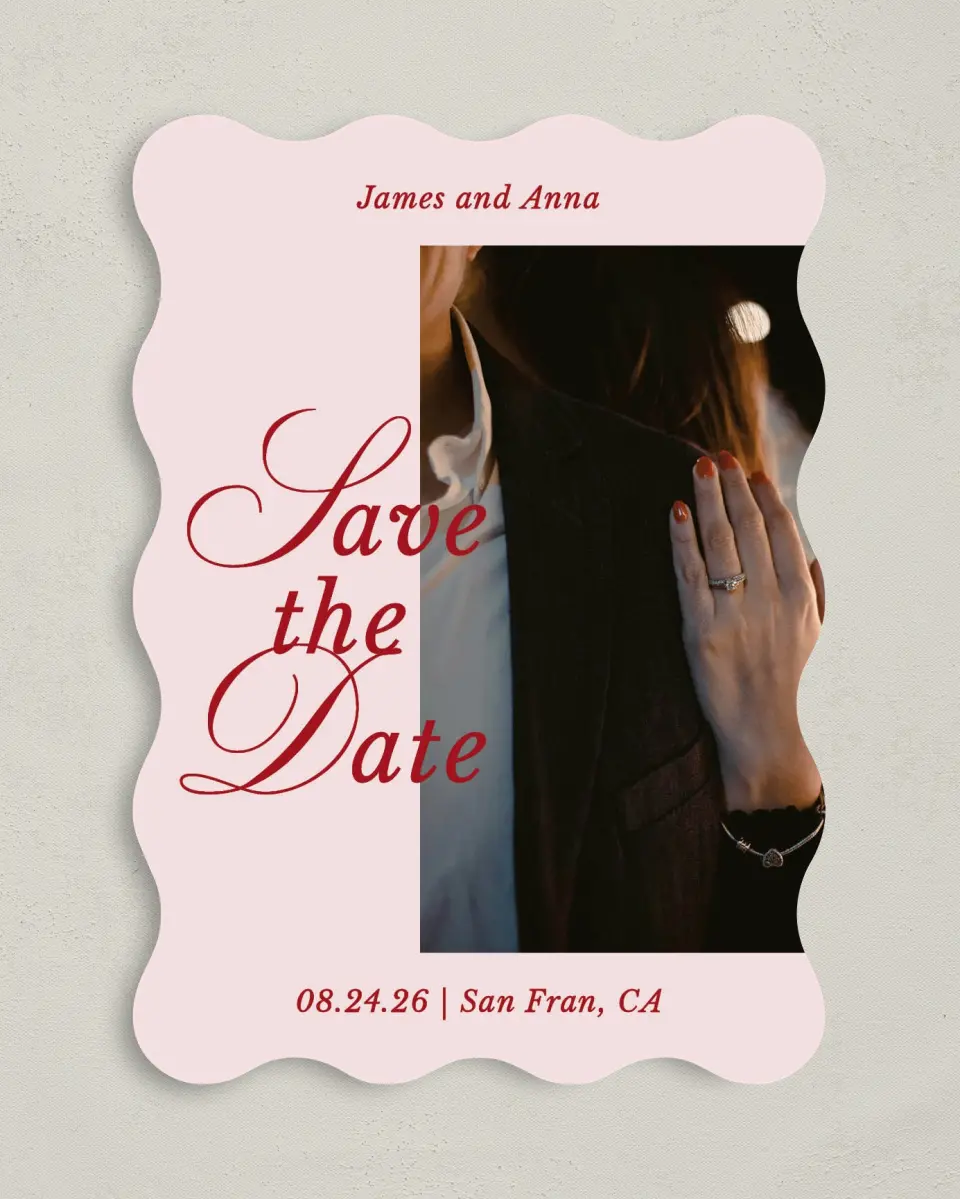 This is a 5" x 7" Save the Date Card called Purely Yours printed in full color with Gold foil on Premium Smooth paper