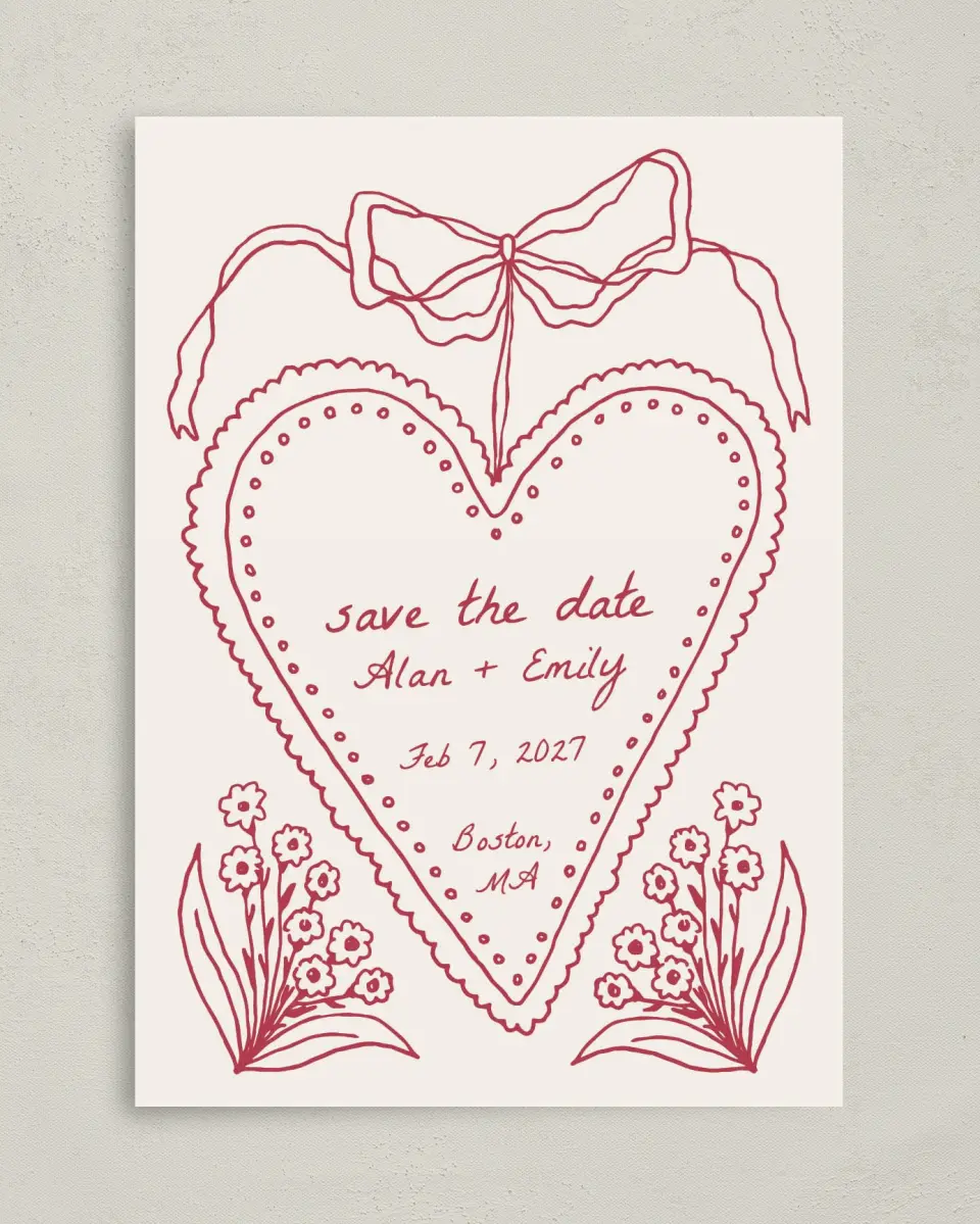This is a 5" x 7" Save the Date Card called Heart On My Sleeve printed in full color with Gold foil on Premium Smooth paper
