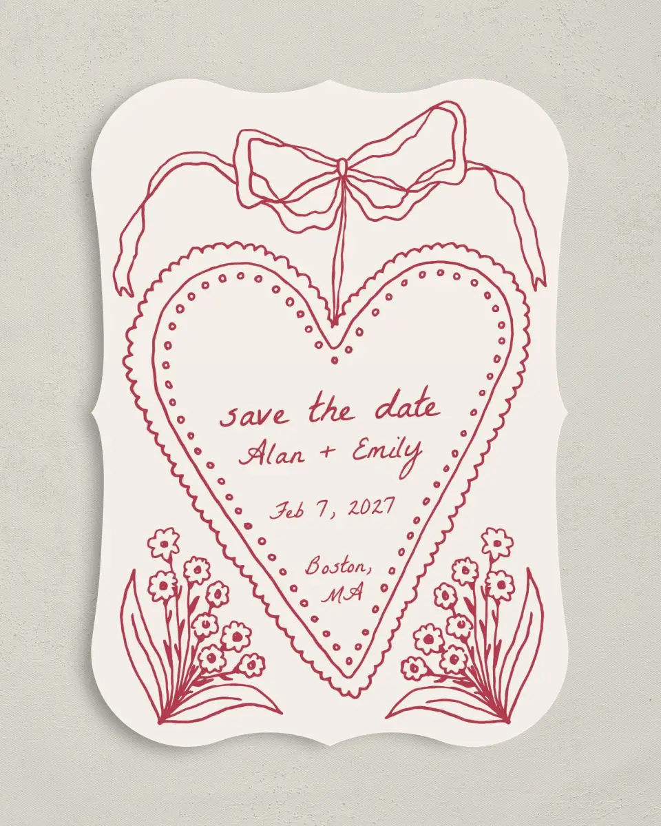 This is a 5" x 7" Save the Date Card called Heart On My Sleeve printed in full color with Gold foil on Premium Smooth paper