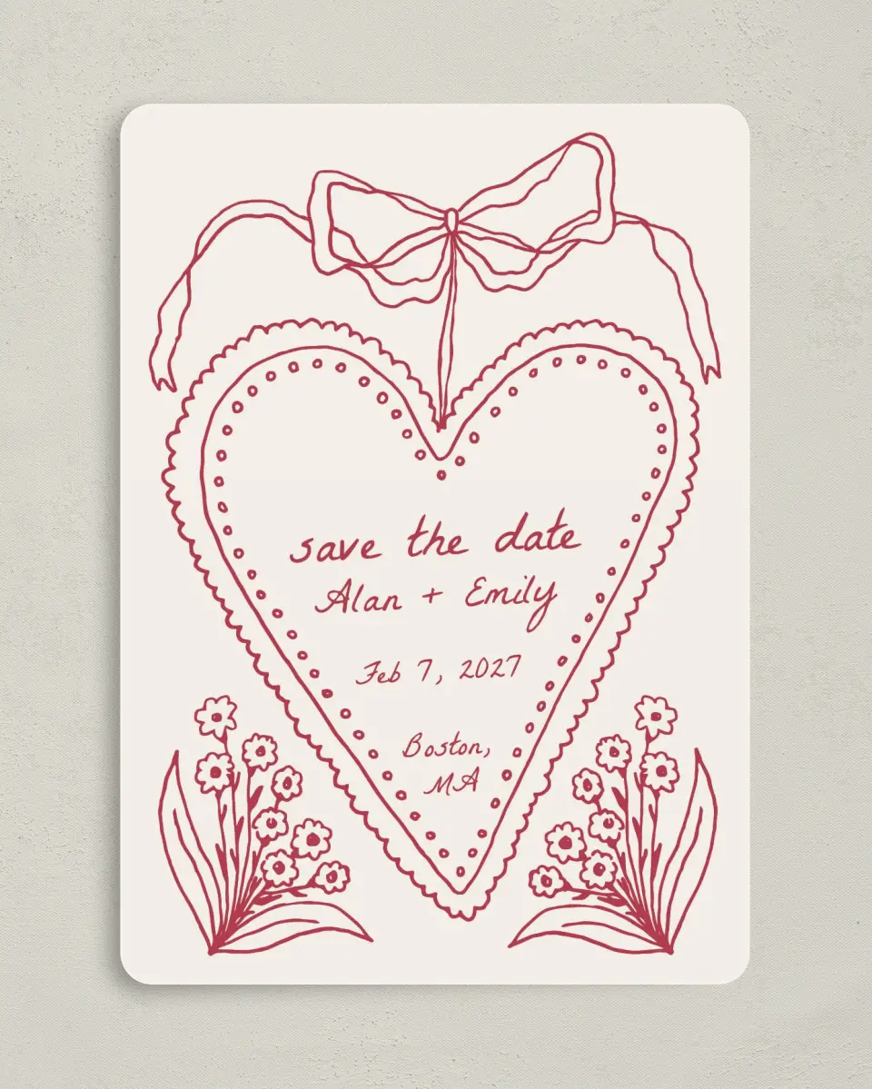 This is a 5" x 7" Save the Date Card called Heart On My Sleeve printed in full color with Gold foil on Premium Smooth paper