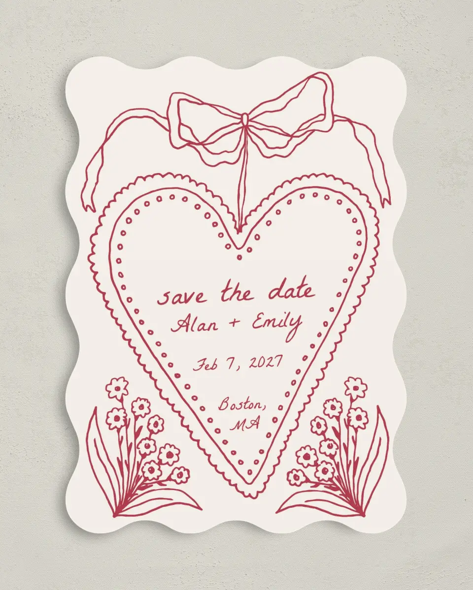 This is a 5" x 7" Save the Date Card called Heart On My Sleeve printed in full color with Gold foil on Premium Smooth paper