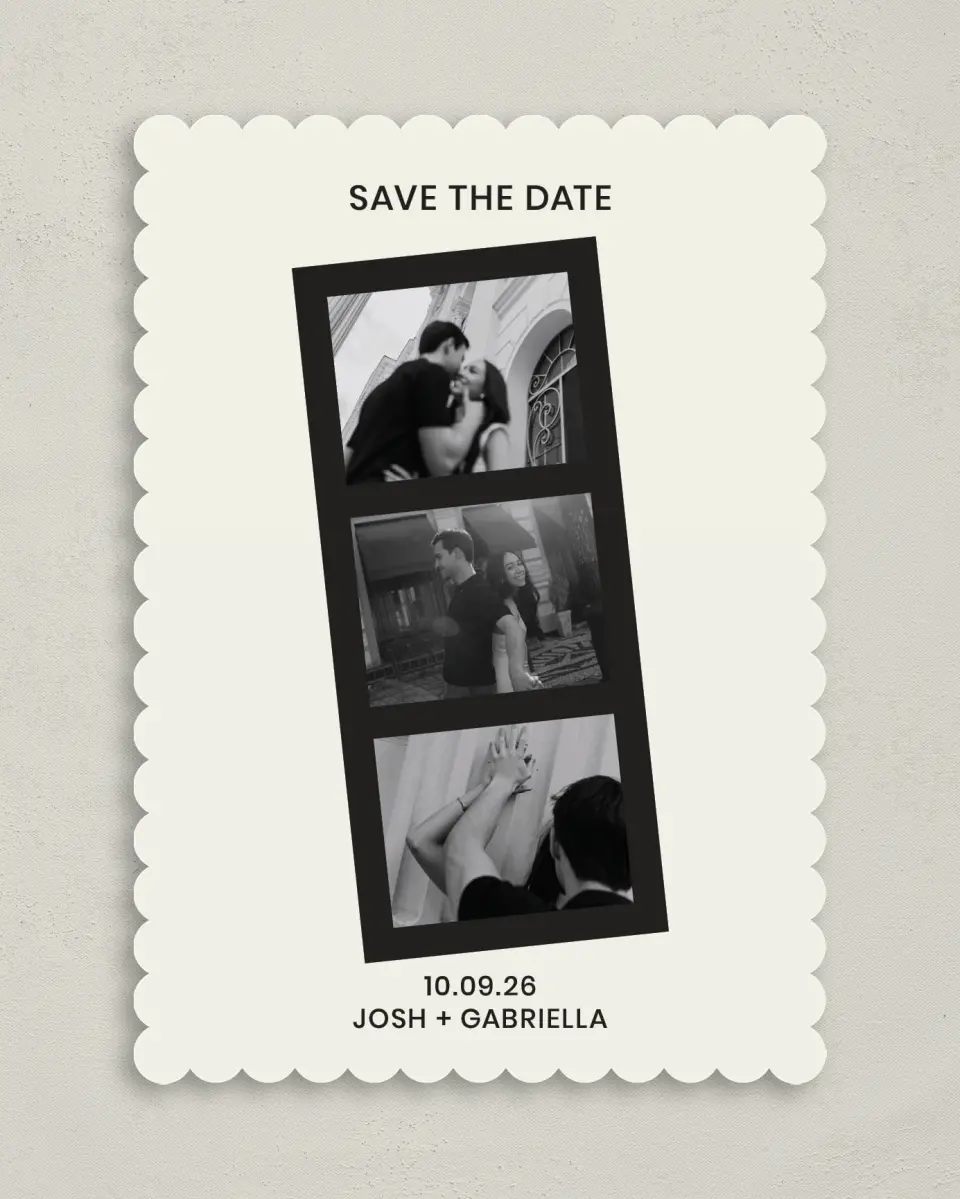This is a 5" x 7" Save the Date Card called Love on Film printed in full color with Gold foil on Premium Smooth paper