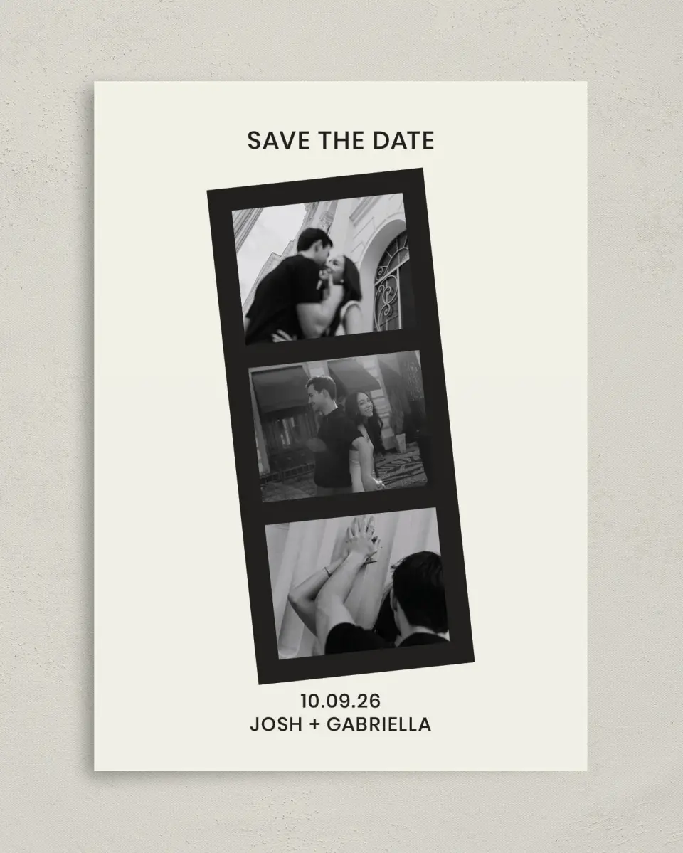 This is a 5" x 7" Save the Date Card called Love on Film printed in full color with Gold foil on Premium Smooth paper