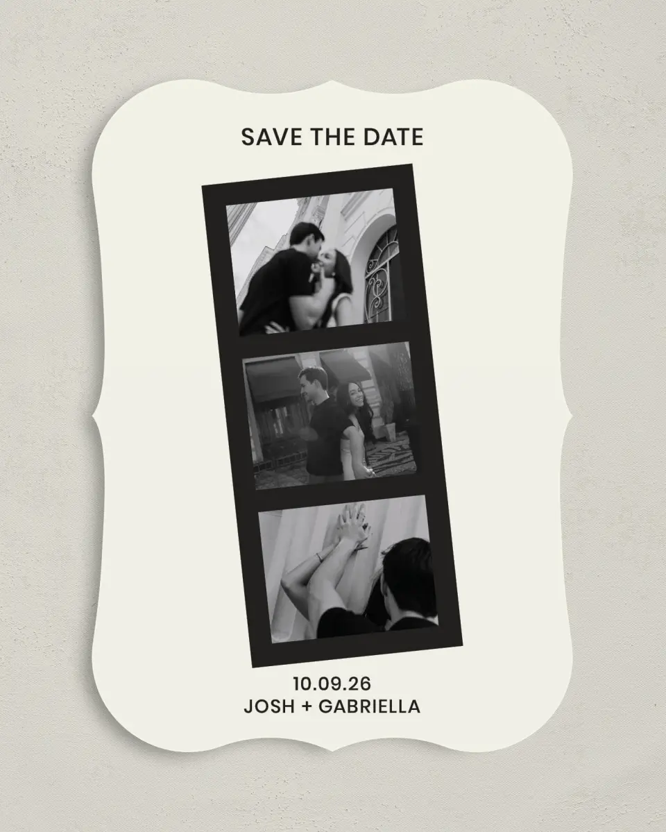 This is a 5" x 7" Save the Date Card called Love on Film printed in full color with Gold foil on Premium Smooth paper