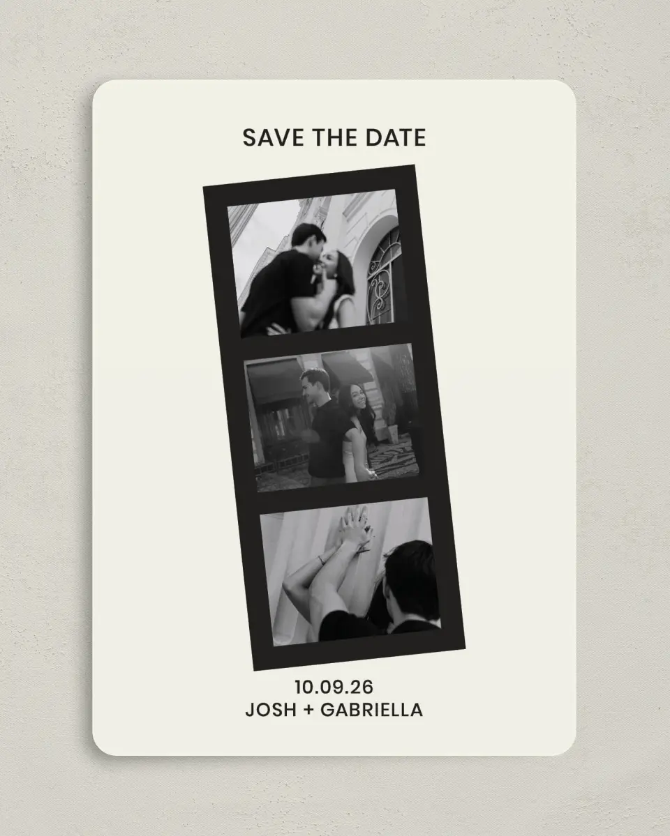 This is a 5" x 7" Save the Date Card called Love on Film printed in full color with Gold foil on Premium Smooth paper