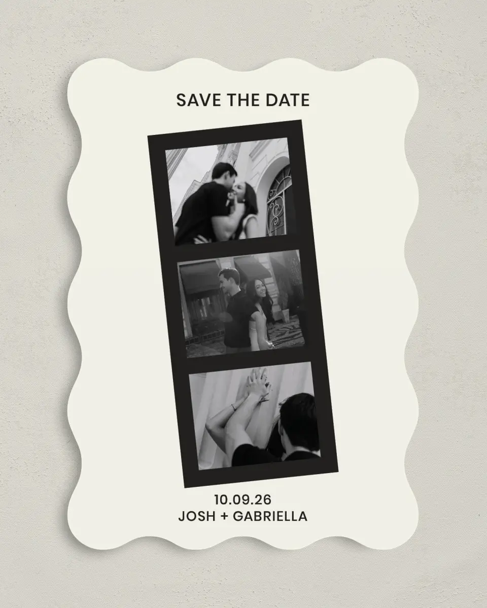This is a 5" x 7" Save the Date Card called Love on Film printed in full color with Gold foil on Premium Smooth paper