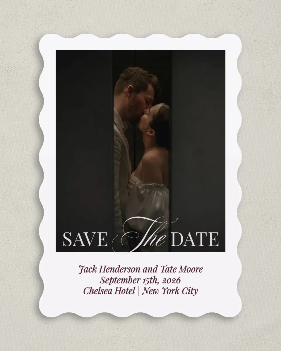 This is a 5" x 7" Save the Date Card called Elegance & Grace printed in full color with Gold foil on Premium Smooth paper