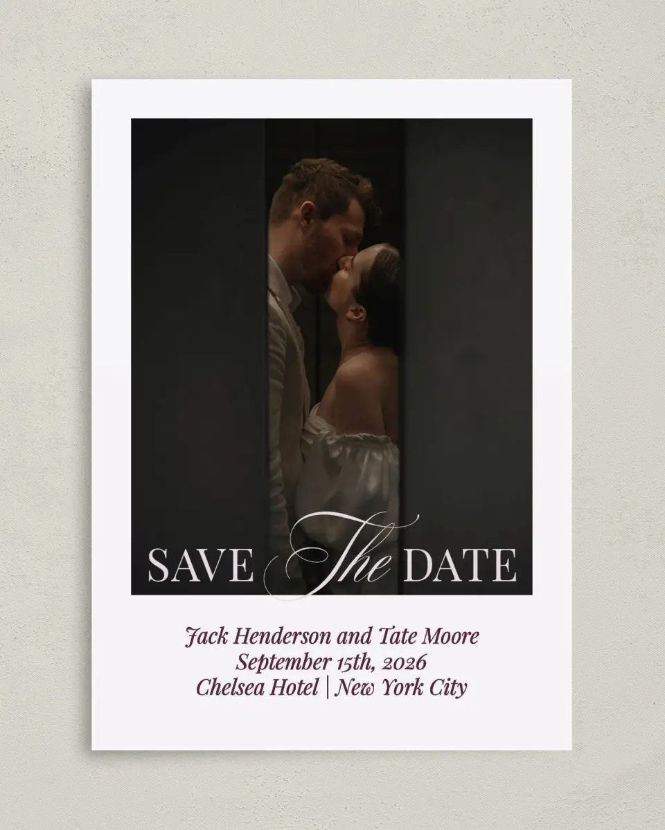 This is a 5" x 7" Save the Date Card called Elegance & Grace printed in full color with Gold foil on Premium Smooth paper