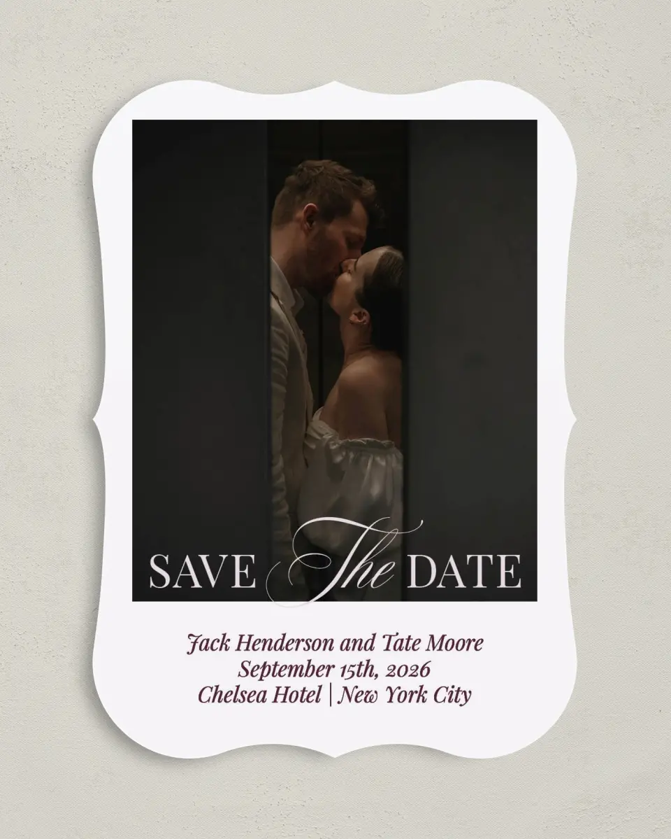 This is a 5" x 7" Save the Date Card called Elegance & Grace printed in full color with Silver foil on Luxe Satin (coated) paper