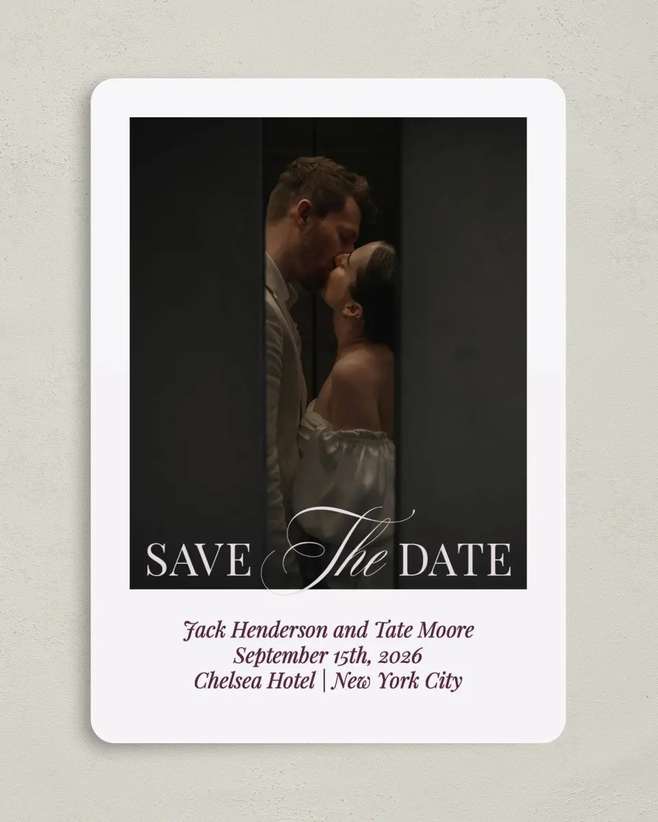 This is a 5" x 7" Save the Date Card called Elegance & Grace printed in full color with Gold foil on Premium Smooth paper