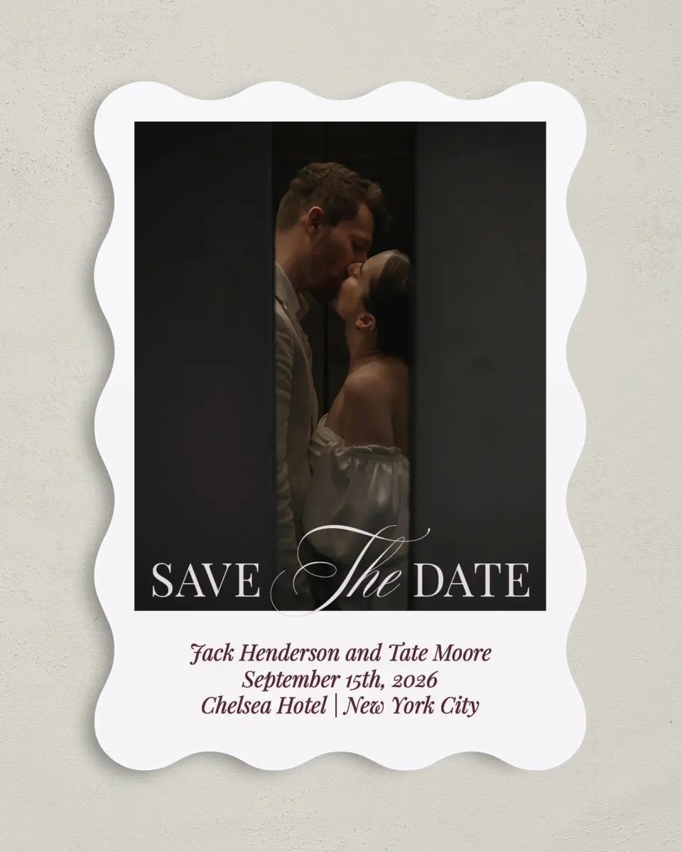 This is a 5" x 7" Save the Date Card called Elegance & Grace printed in full color with Gold foil on Premium Smooth paper