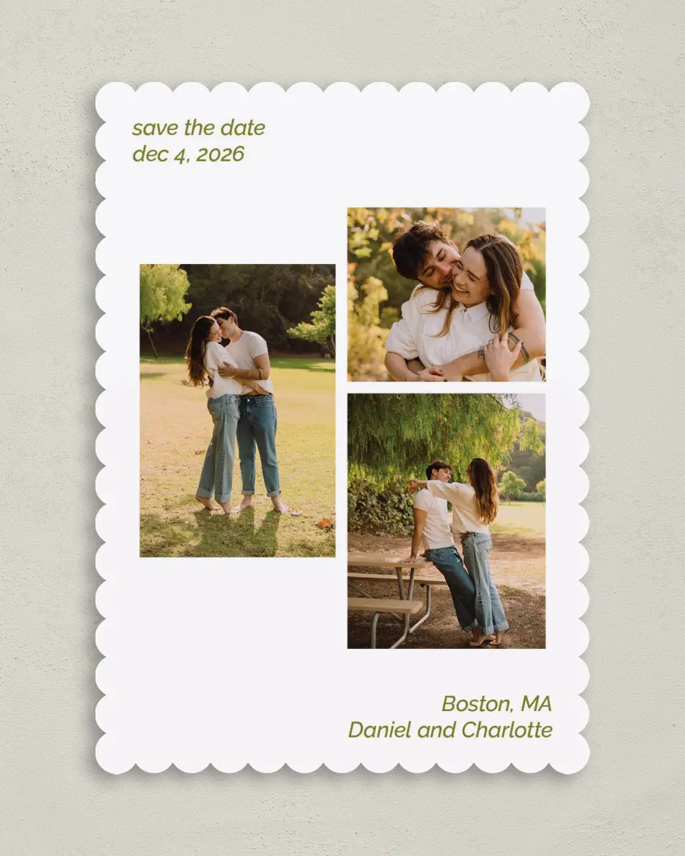 This is a 5" x 7" Save the Date Card called Simple Trio printed in full color with Gold foil on Premium Smooth paper