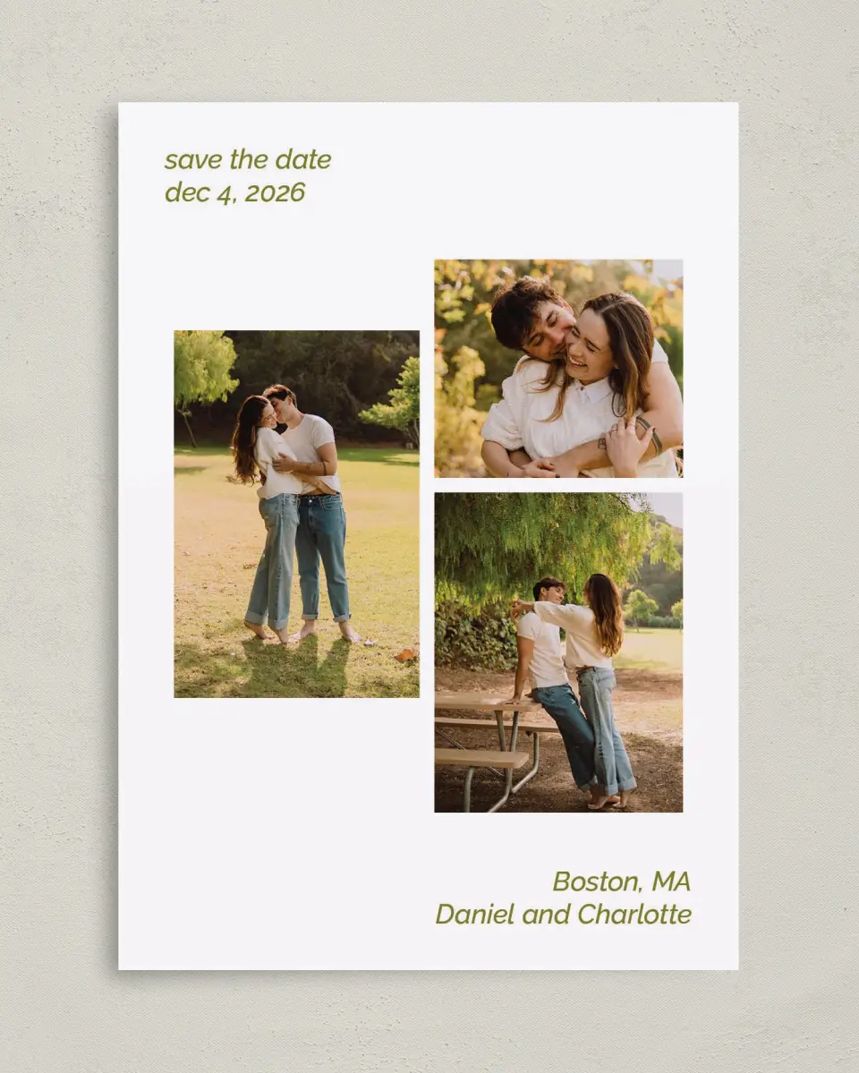This is a 5" x 7" Save the Date Card called Simple Trio printed in full color with Gold foil on Premium Smooth paper
