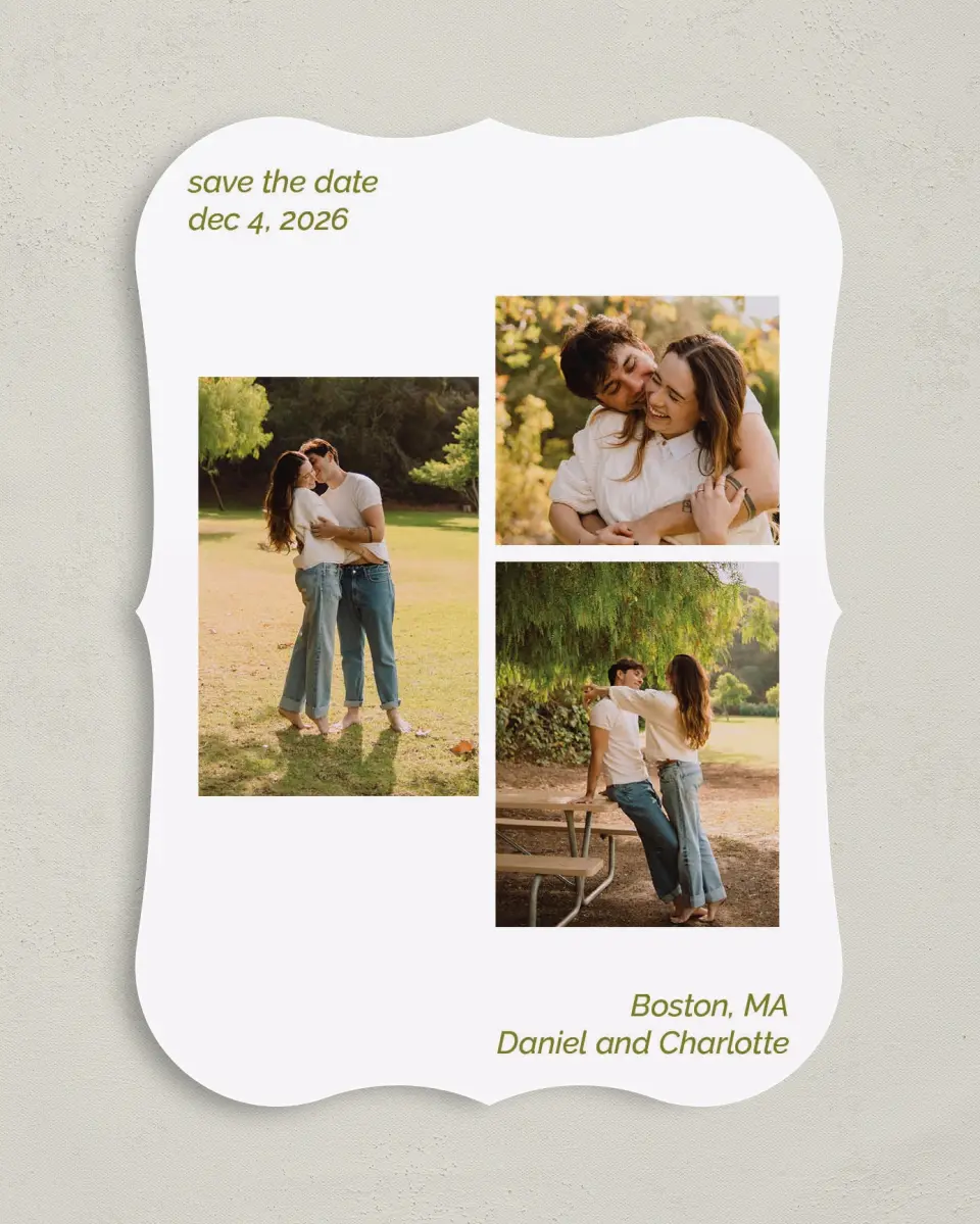 This is a 5" x 7" Save the Date Card called Simple Trio printed in full color with Gold foil on Premium Smooth paper