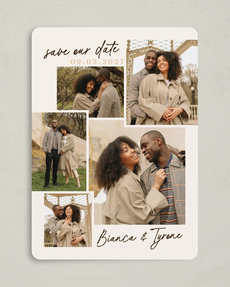 This is a 5" x 7" Save the Date Card called Lovely Bliss printed in full color with Gold foil on Premium Smooth paper