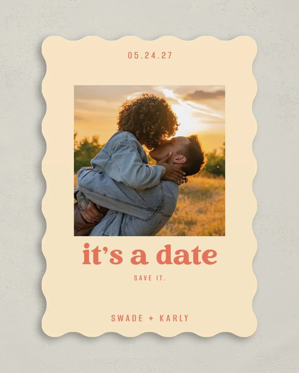 This is a 5" x 7" Save the Date Card called Save It printed in full color with Gold foil on Premium Smooth paper