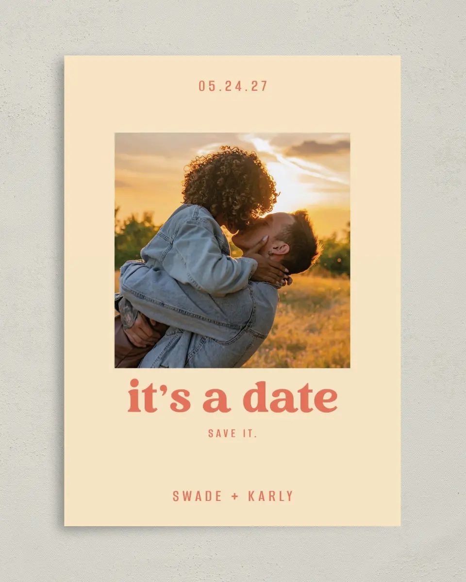 This is a 5" x 7" Save the Date Card called Save It printed in full color with Gold foil on Premium Smooth paper