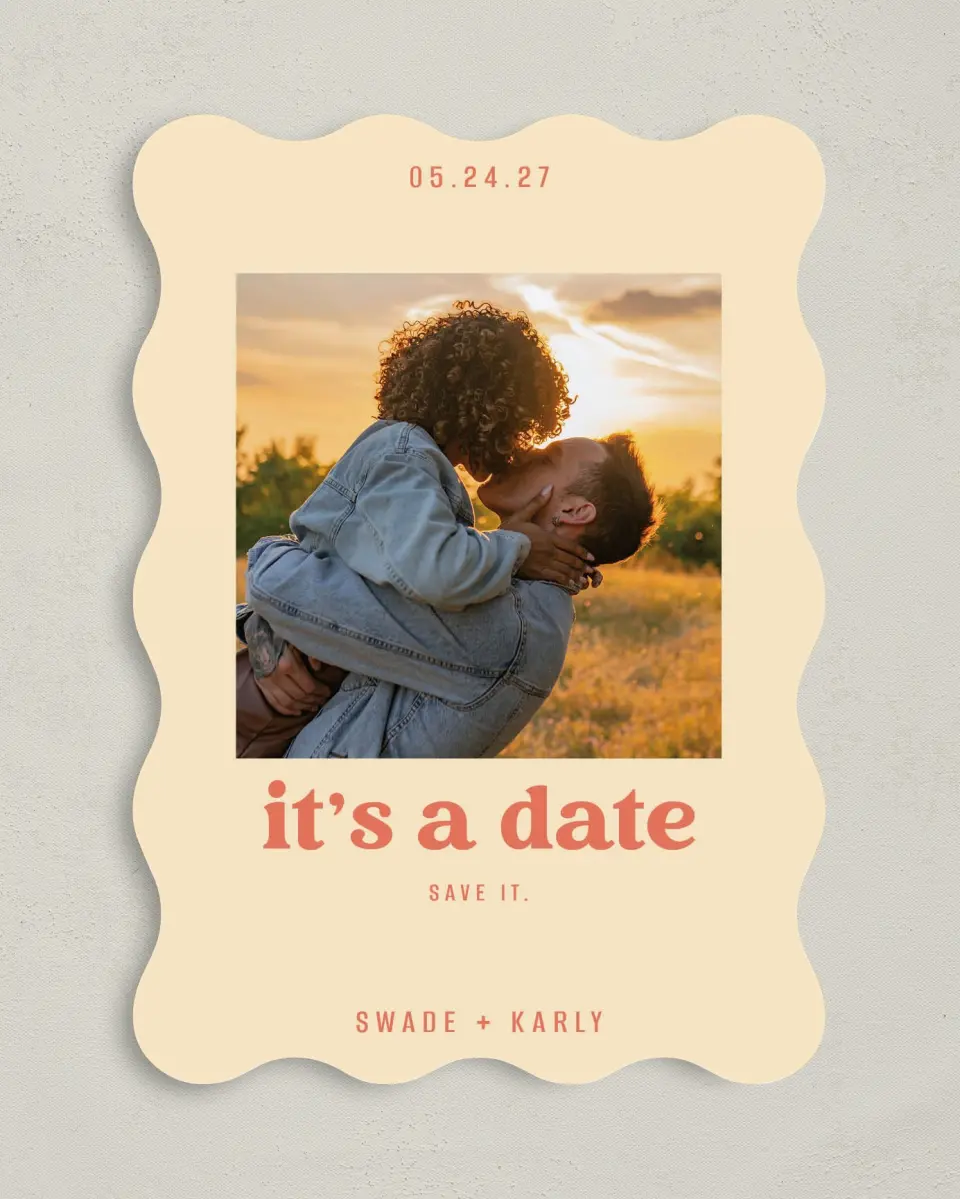 This is a 5" x 7" Save the Date Card called Save It printed in full color with Gold foil on Premium Smooth paper
