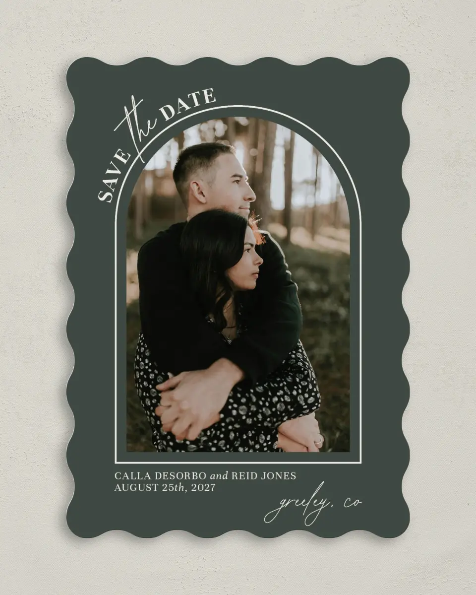 This is a 5" x 7" Save the Date Card called Encompassing Love printed in full color with Gold foil on Premium Smooth paper