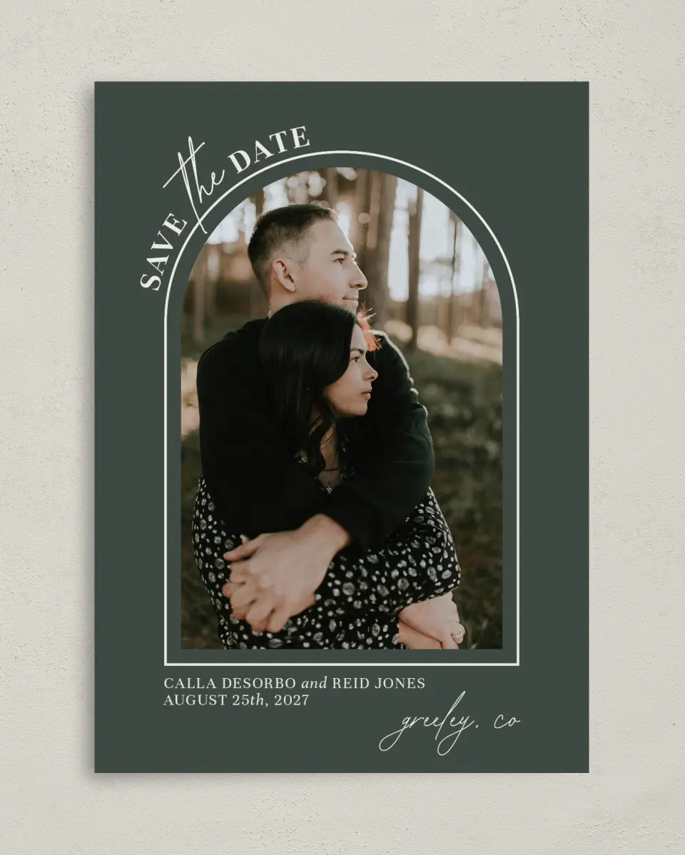 This is a 5" x 7" Save the Date Card called Encompassing Love printed in full color with Gold foil on Premium Smooth paper