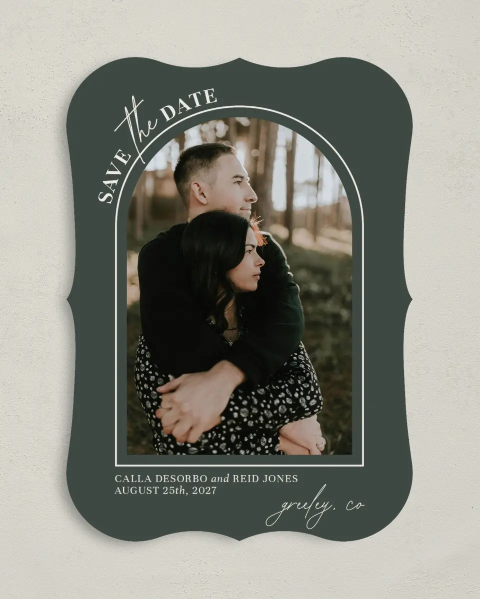 This is a 5" x 7" Save the Date Card called Encompassing Love printed in full color with Gold foil on Premium Smooth paper