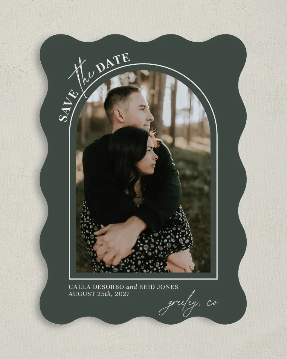 This is a 5" x 7" Save the Date Card called Encompassing Love printed in full color with Gold foil on Premium Smooth paper