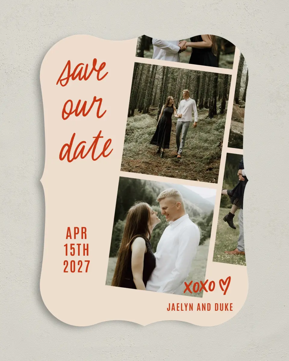 This is a 5" x 7" Save the Date Card called Capture It, Remember It printed in full color with Gold foil on Premium Smooth paper