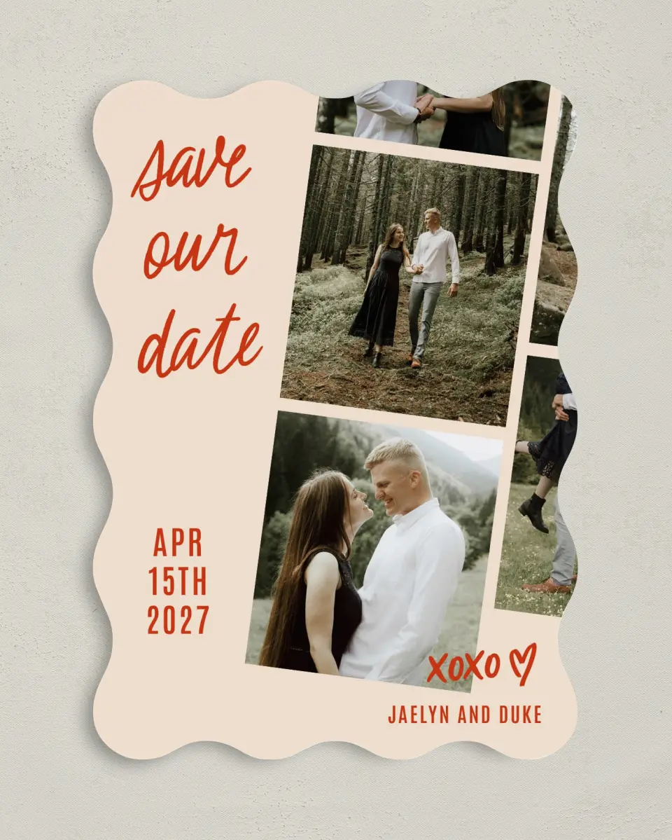 This is a 5" x 7" Save the Date Card called Capture It, Remember It printed in full color with Silver foil on Luxe Satin (coated) paper